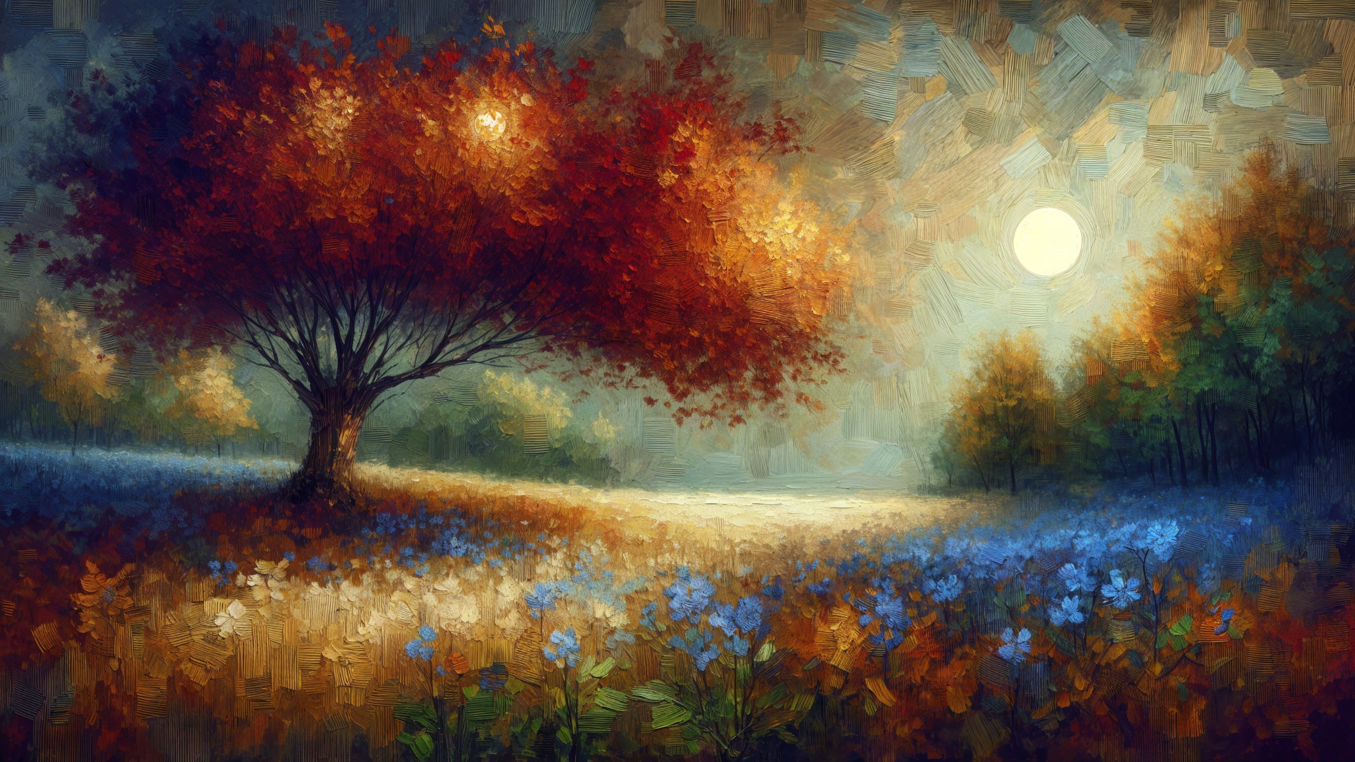 Serene Landscape with Majestic Tree and Blue Flowers