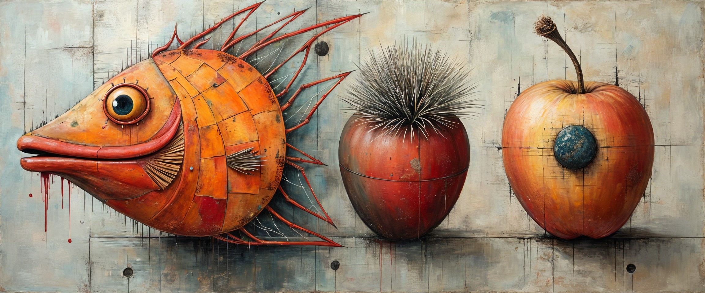Surreal Artwork with Fish Head and Abstract Objects