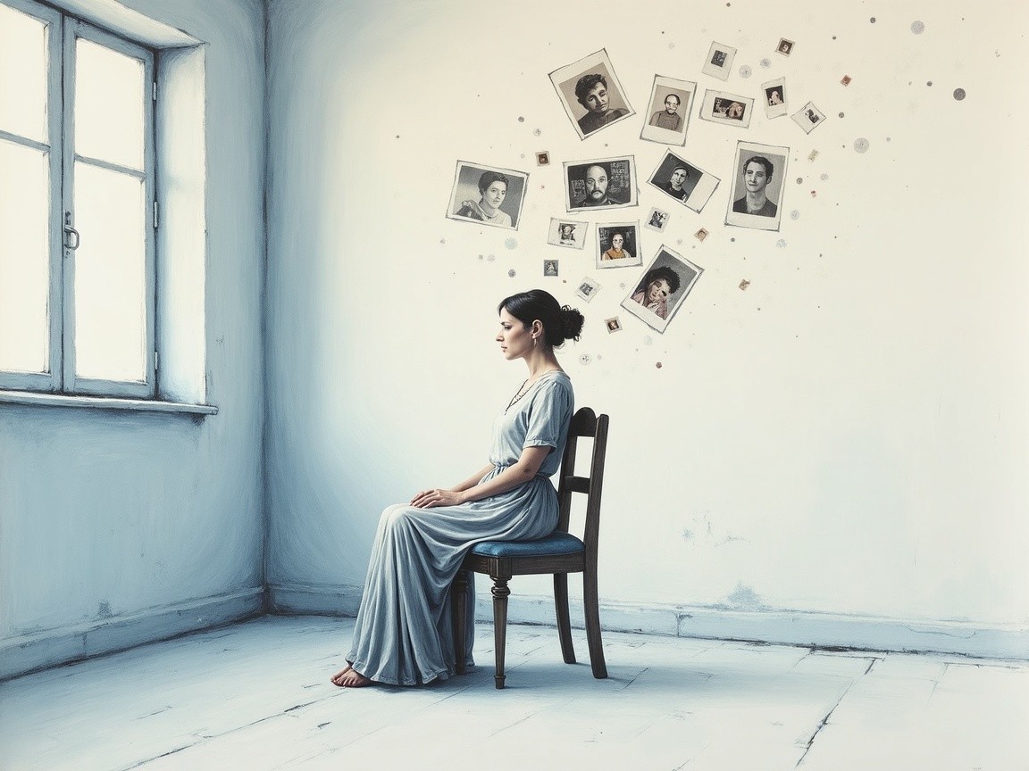 Woman in Gray Dress Surrounded by Nostalgic Photos