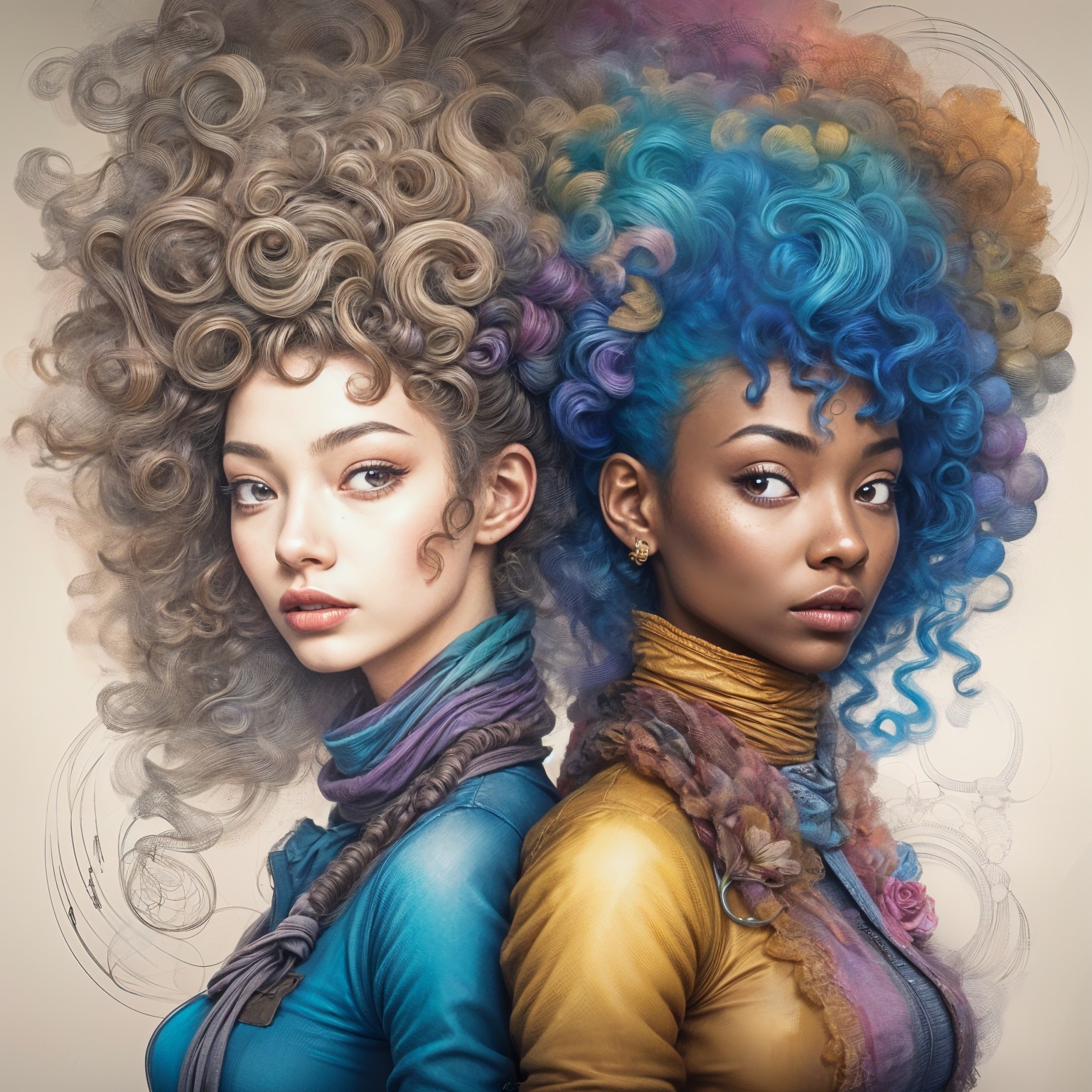 Two Women with Unique Hairstyles and Colorful Outfits