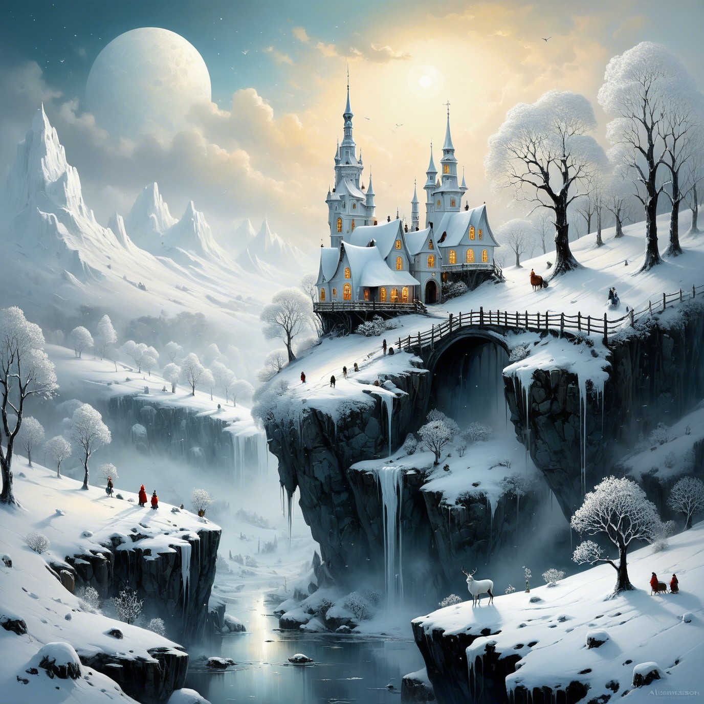 Majestic castle on a snow-covered cliff landscape