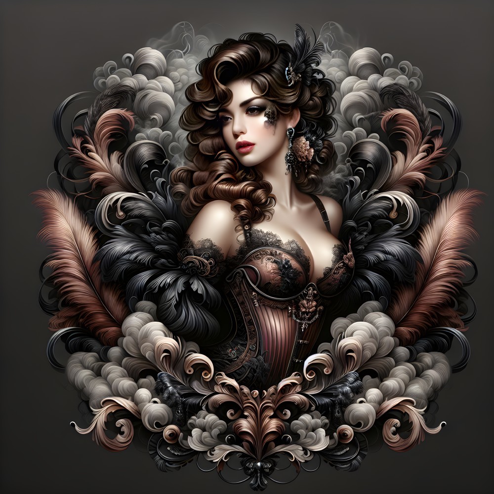 Intricate Portrait of Woman in Ornate Corset and Feathers