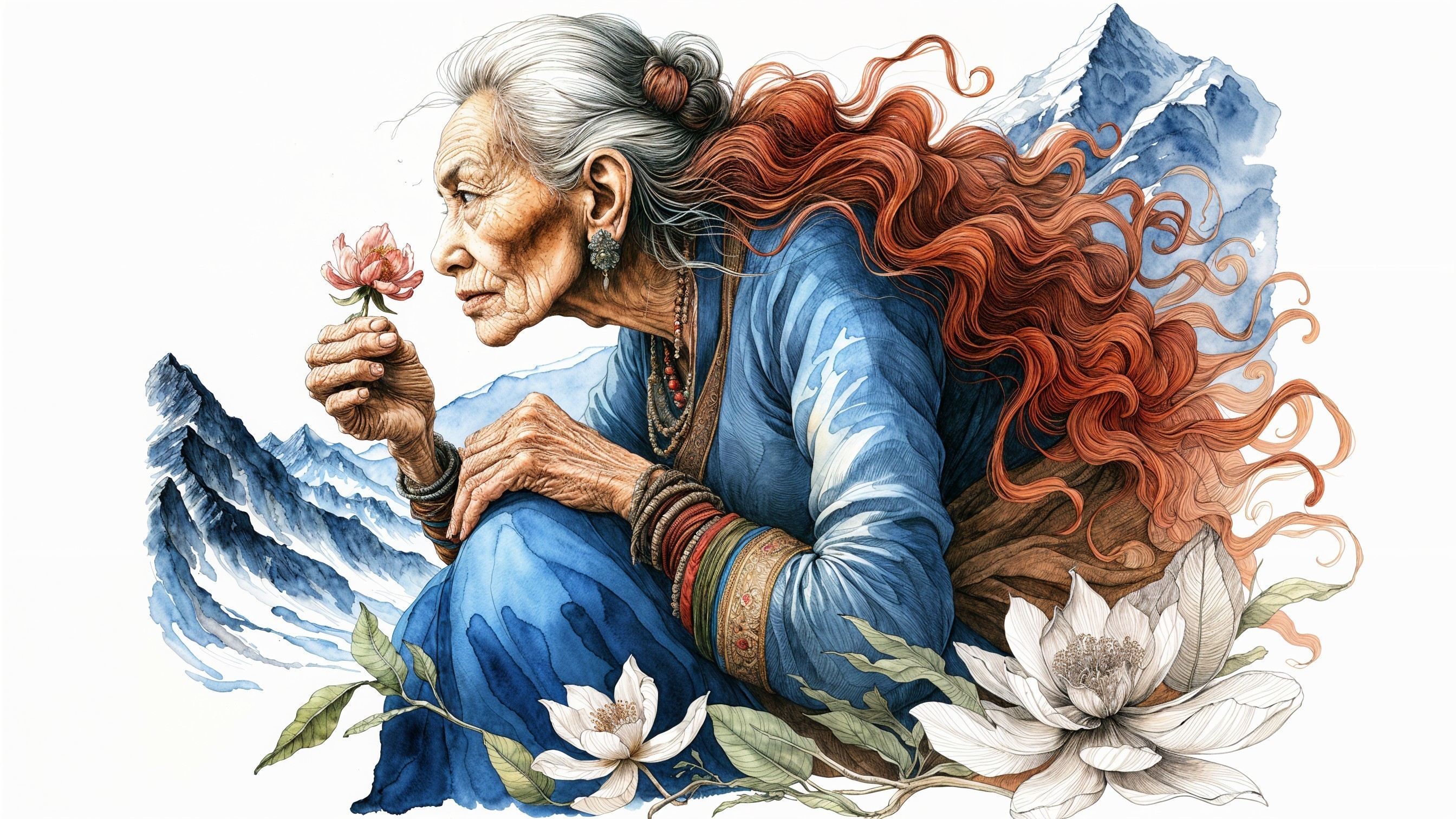 Elderly Woman with Red Hair Holding a Flower in Nature