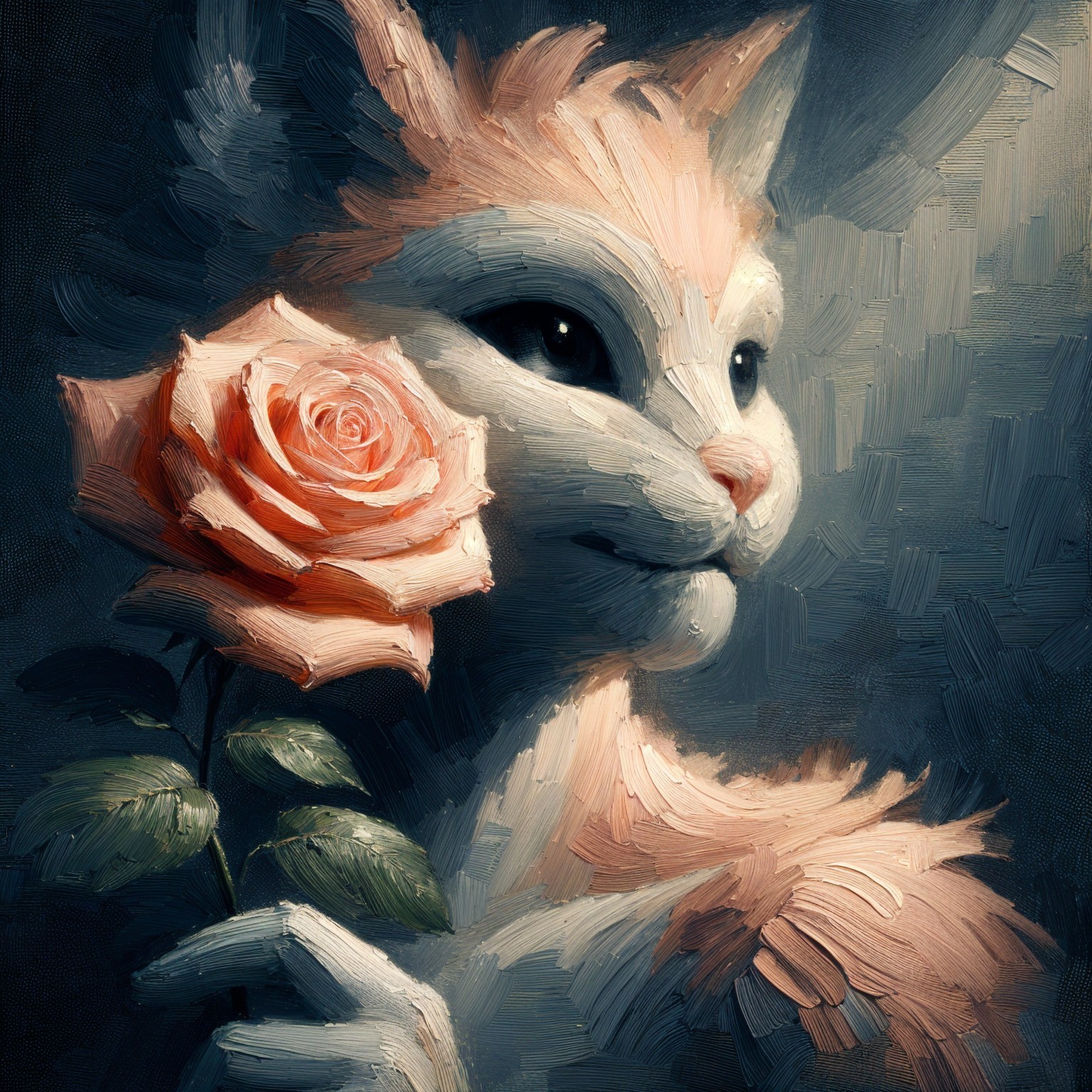 Whimsical Cat with Rose in Soft Cream and Peach Fur