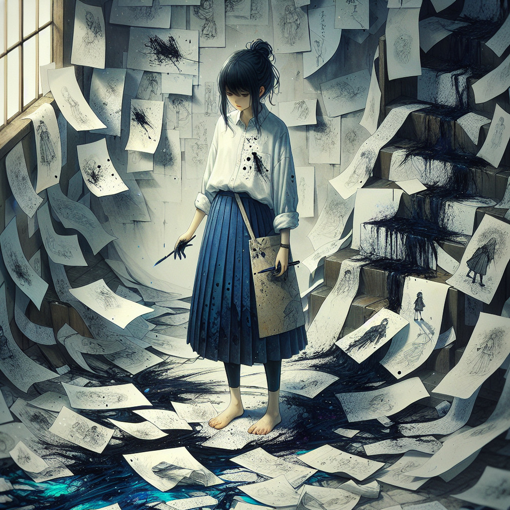 Young girl in chaotic room with eerie drawings