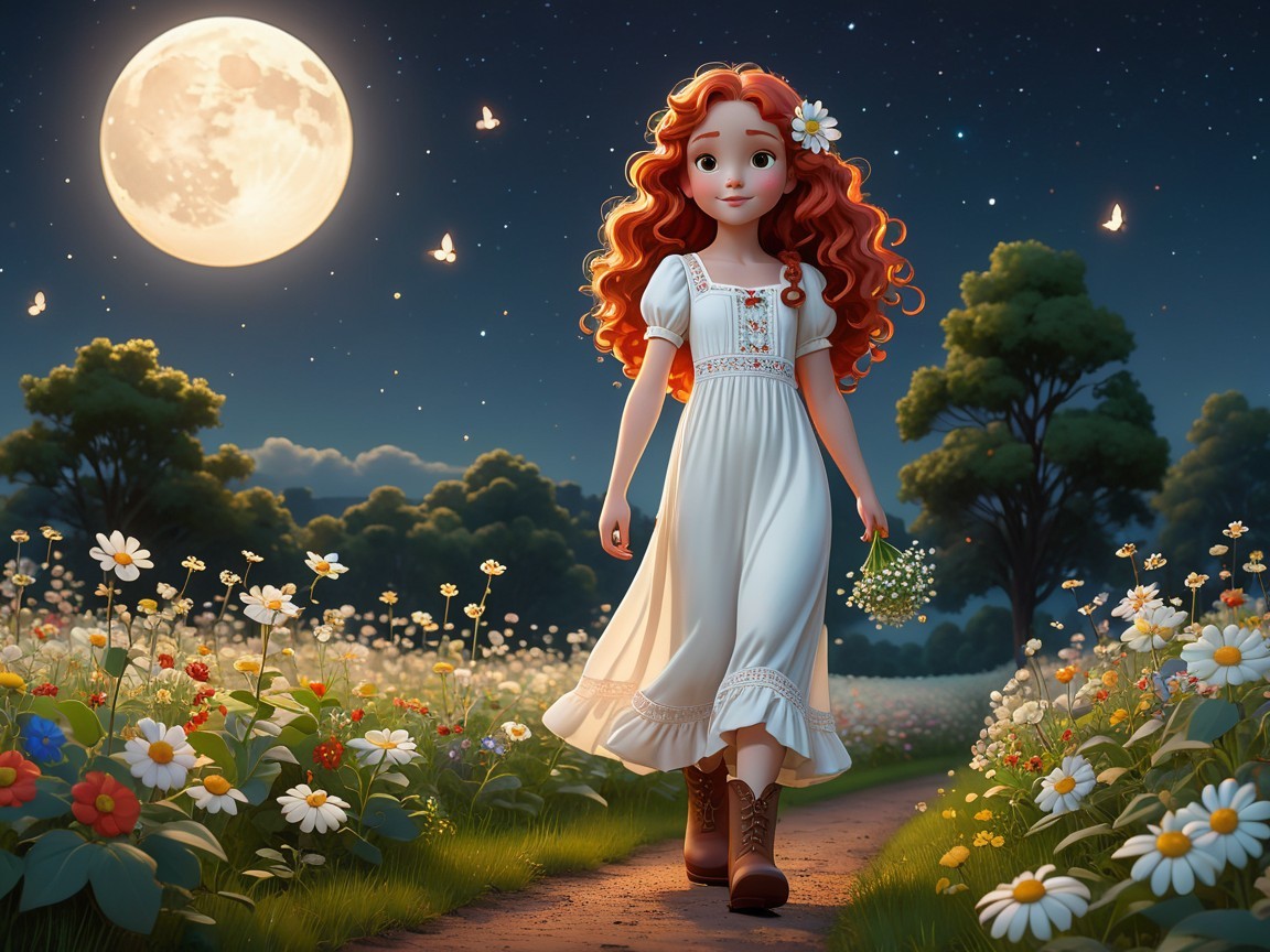 Young girl with red hair in a flower-filled meadow