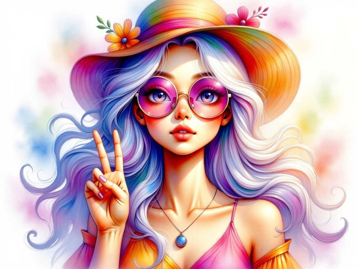 Vibrant Illustration of a Young Woman with Pastel Hair