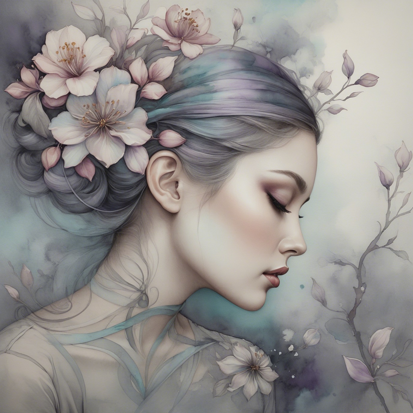 Serene Portrait of Woman with Cherry Blossoms in Hair