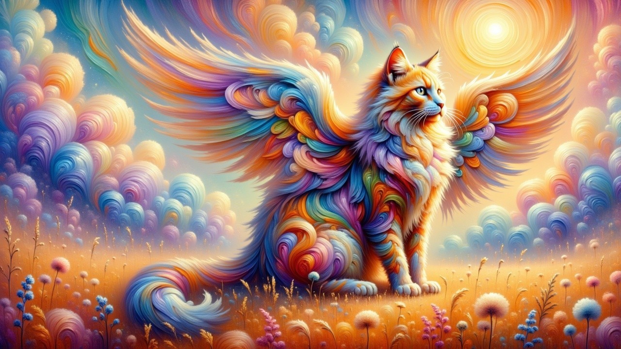 Majestic multicolored cat with wings in dreamy landscape
