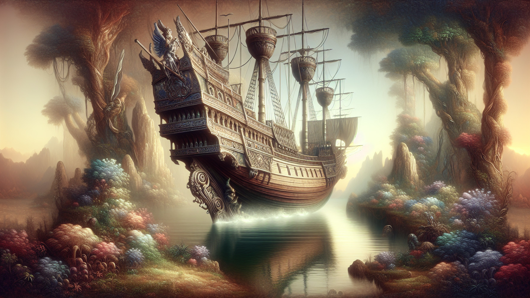 Majestic ship in vibrant, serene landscape setting
