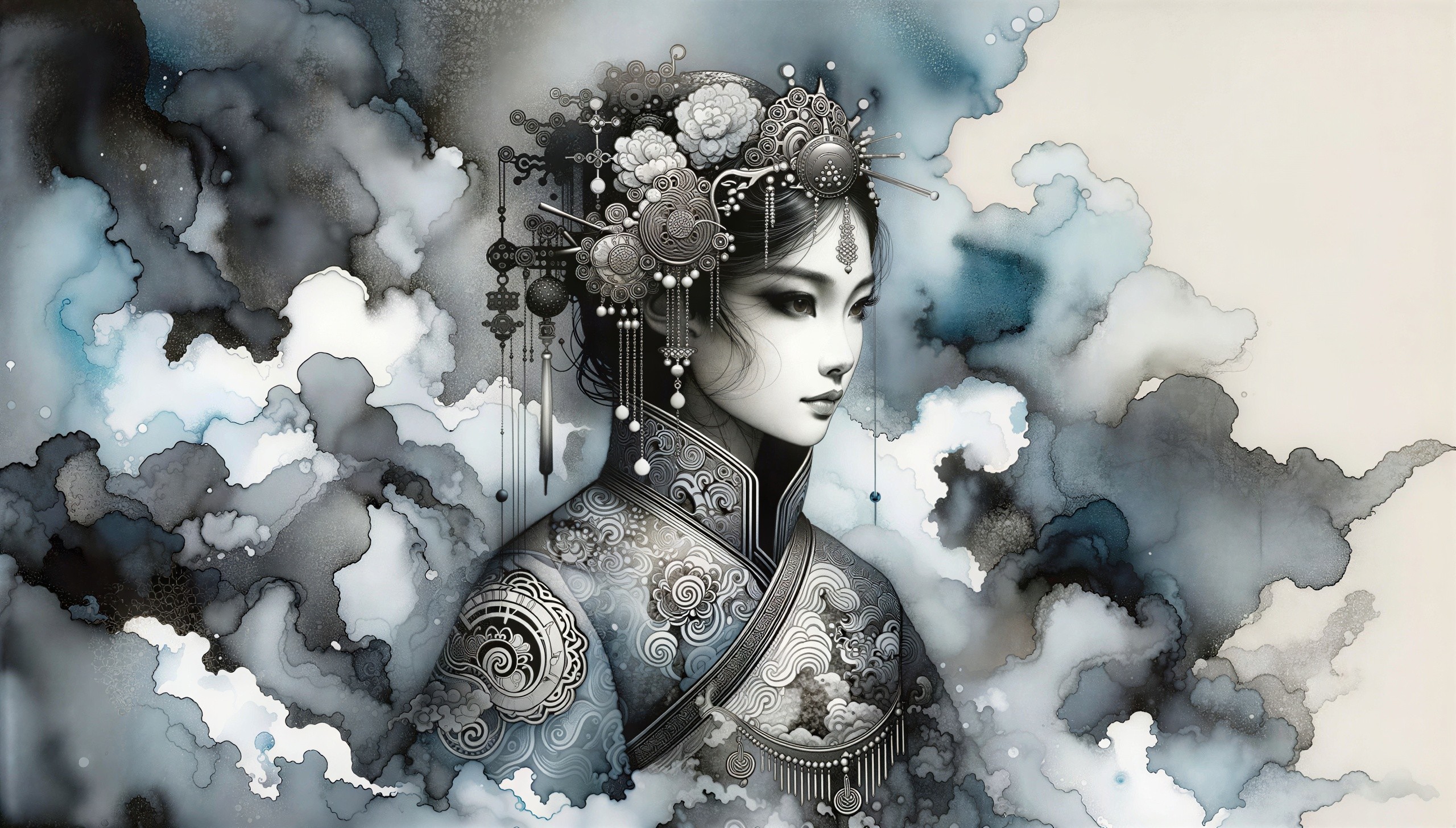 Ethereal Portrait of East Asian Woman in Traditional Attire