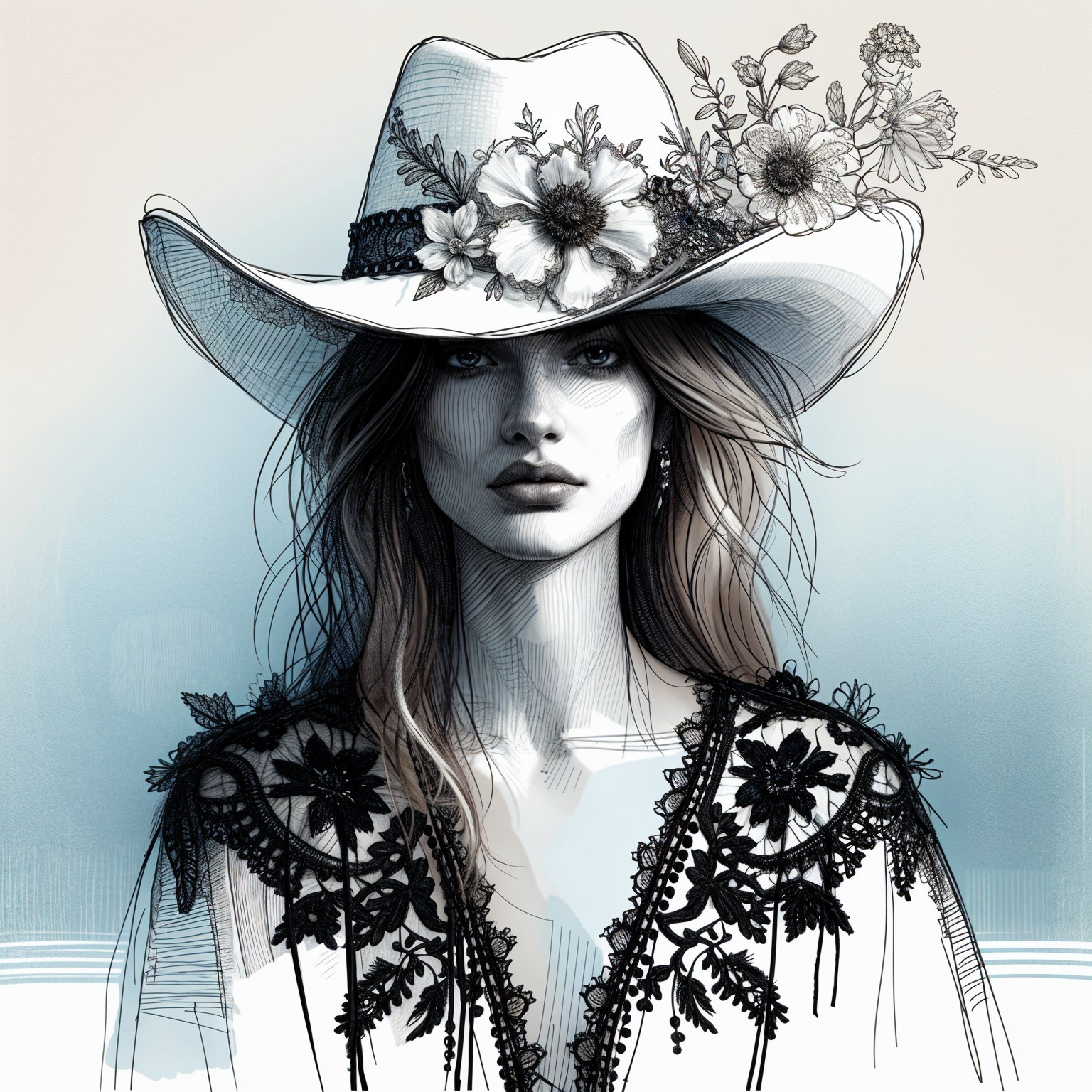 Illustration of a woman in a cowboy hat with flowers