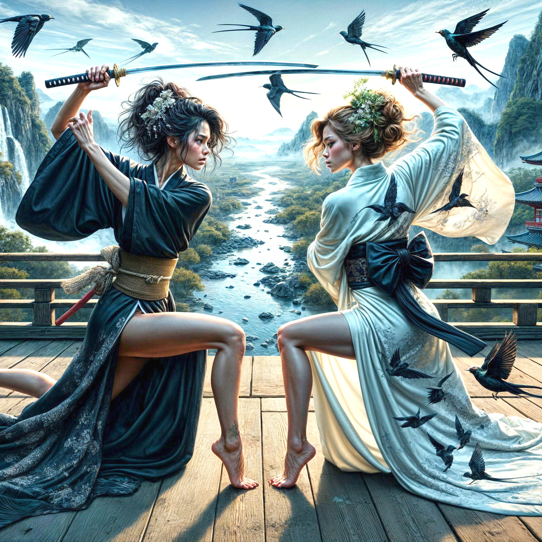 Warriors in Kimonos Ready for Battle on Scenic Platform