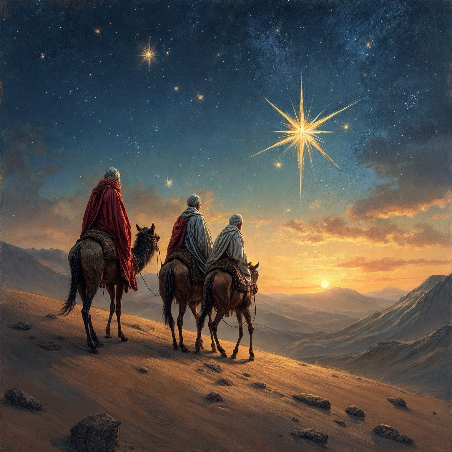 Three figures on horseback in a desert at twilight