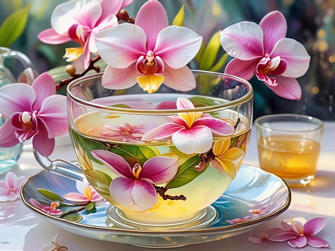 Delicate tea set with floral design and fragrant brew