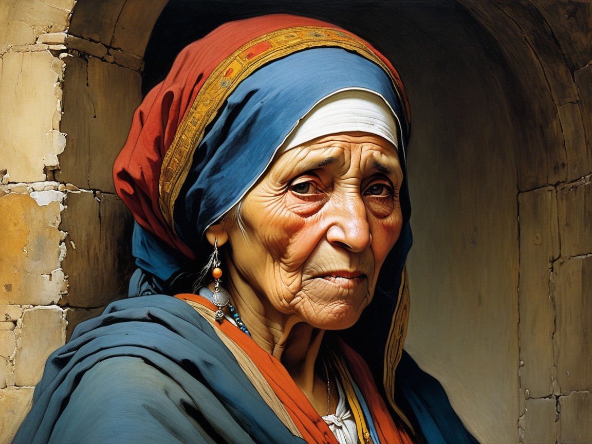 Elderly Woman Portrait with Vibrant Headscarf and Stone Backdrop
