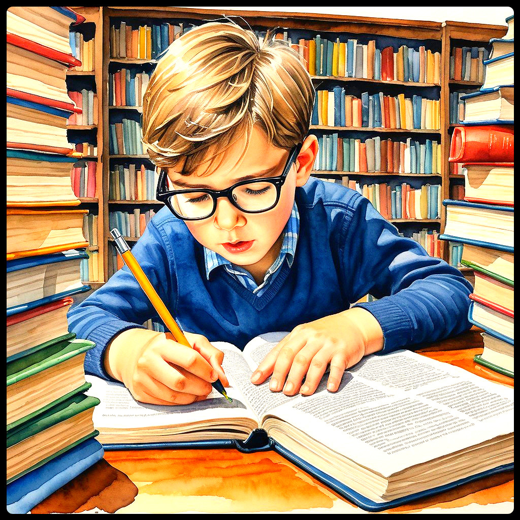 Young Boy Writing in Library Surrounded by Books