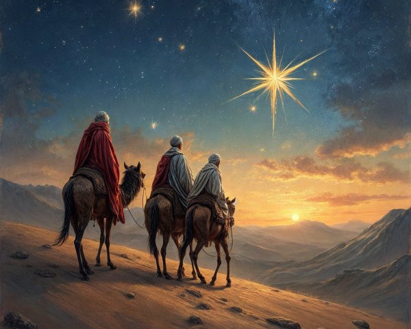 Three figures on horseback in a desert at twilight