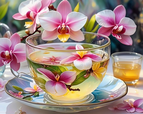 Delicate tea set with floral design and fragrant brew