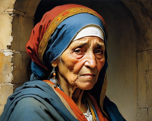 Elderly Woman Portrait with Vibrant Headscarf and Stone Backdrop