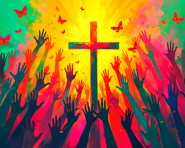 Vibrant Scene with Illuminated Cross and Symbolic Elements