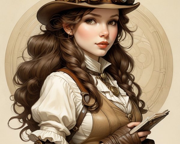 Young woman in steampunk attire with book and goggles