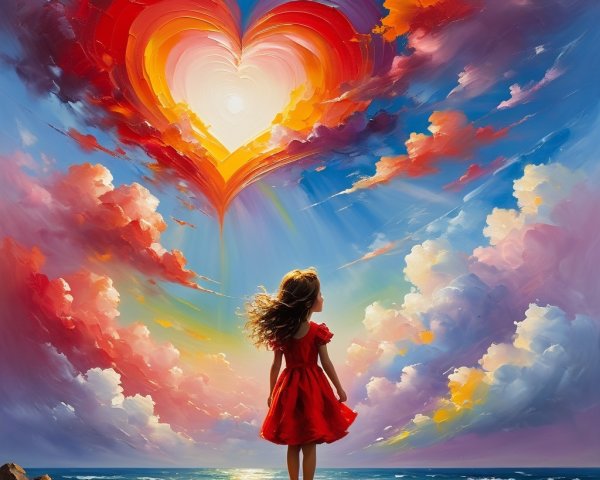 Young girl in red dress on rocky terrain with sunset sky