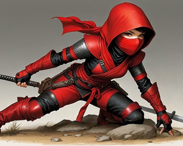 Skilled Female Ninja in Red and Black Outfit Crouching