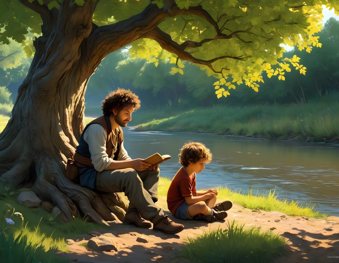 Serene Riverbank Scene with Reading and Companionship