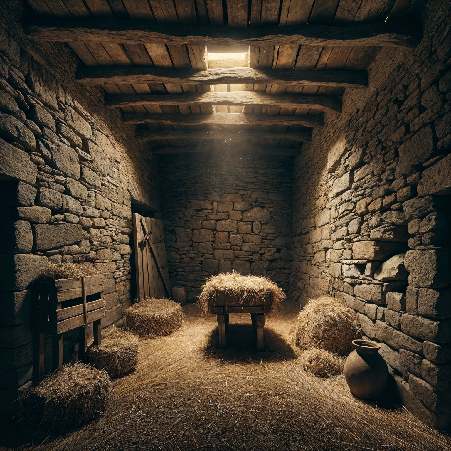 Rustic Stone Barn Interior with Light and Straw