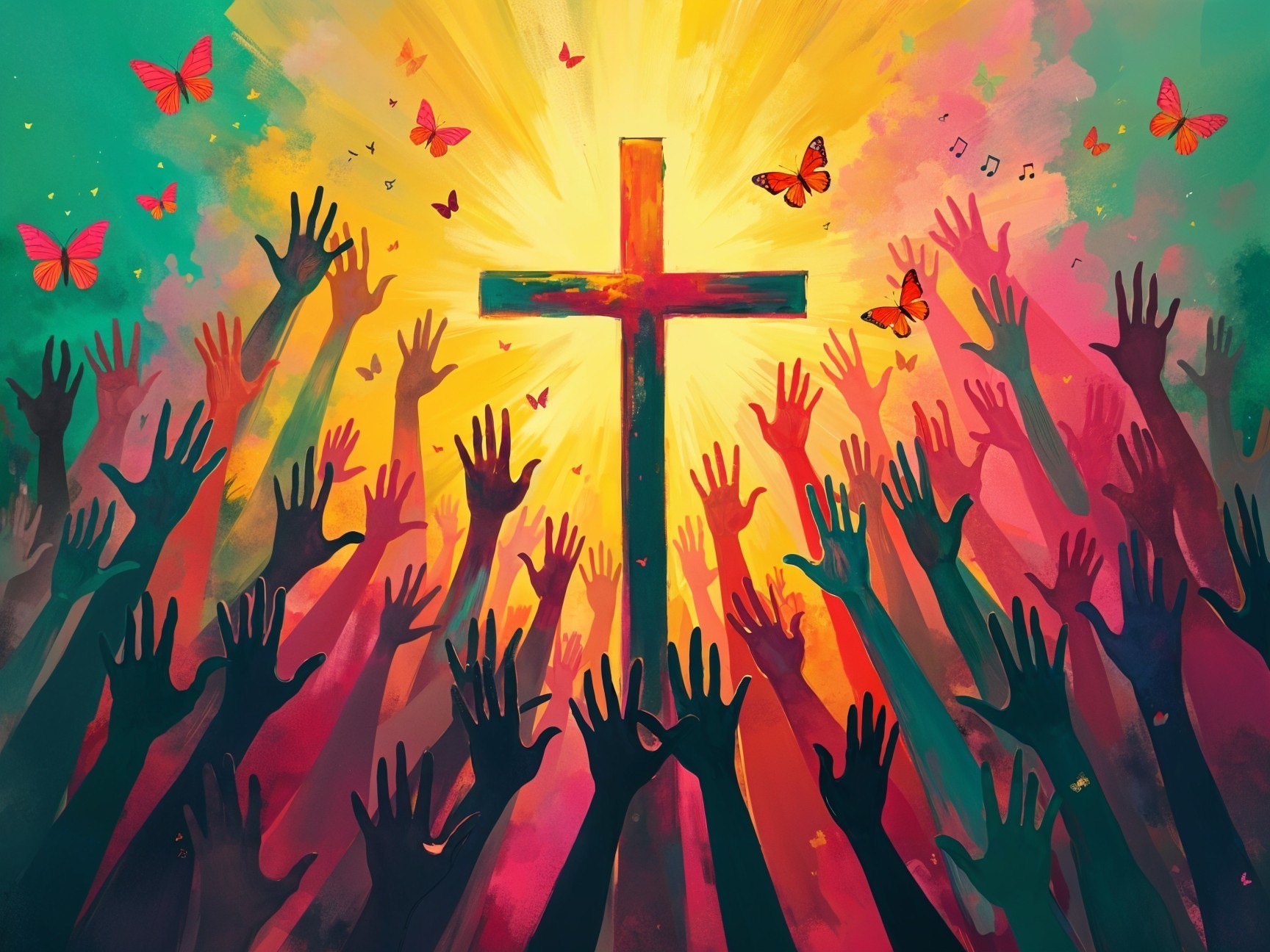 Vibrant Scene with Illuminated Cross and Symbolic Elements