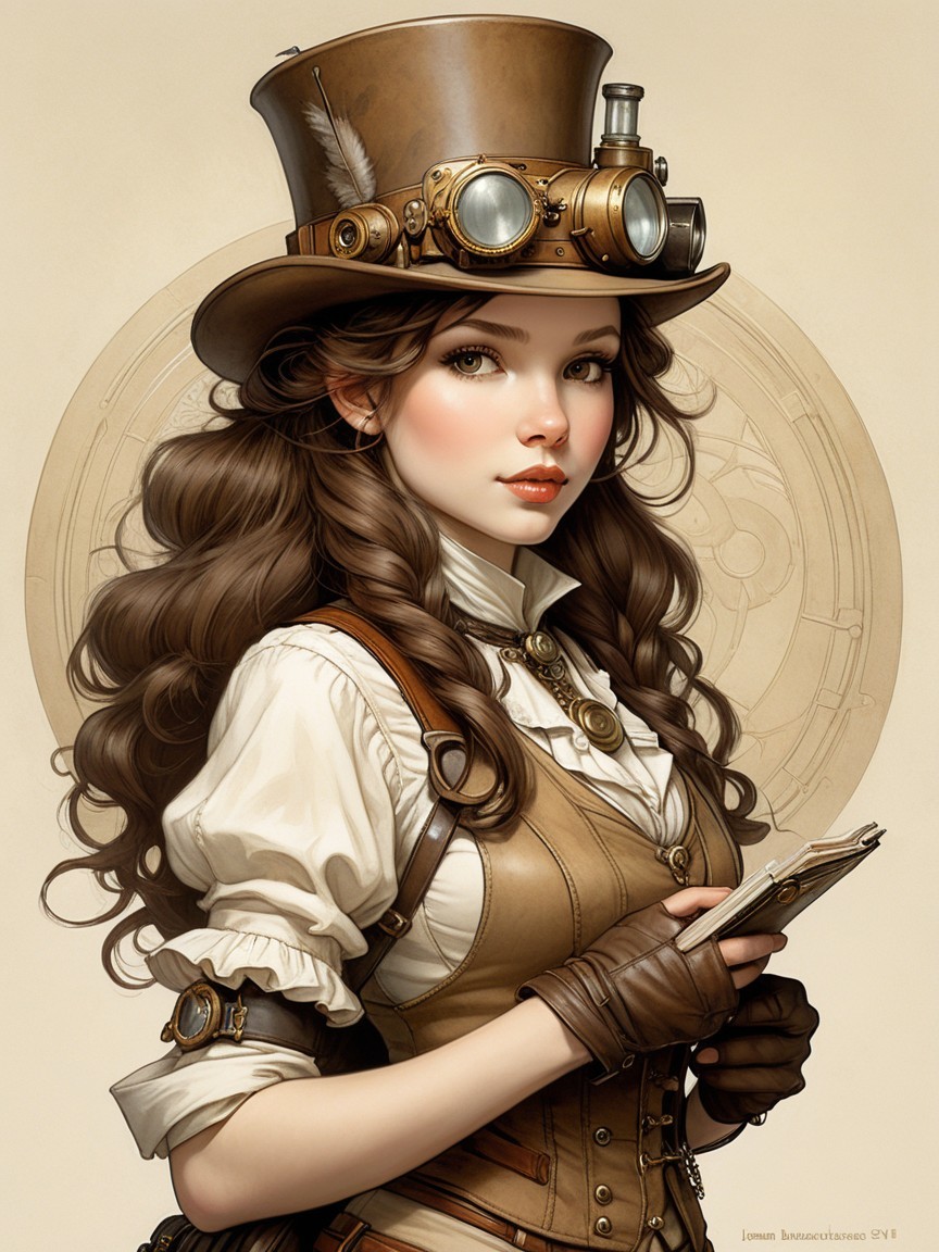 Young woman in steampunk attire with book and goggles