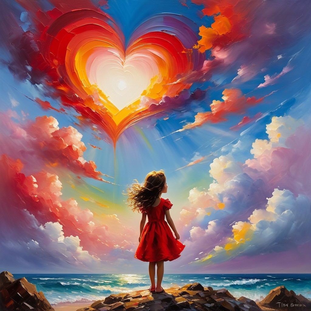 Young girl in red dress on rocky terrain with sunset sky