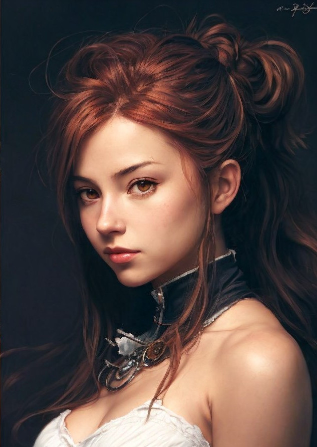 Young woman with reddish-brown hair and elegant attire