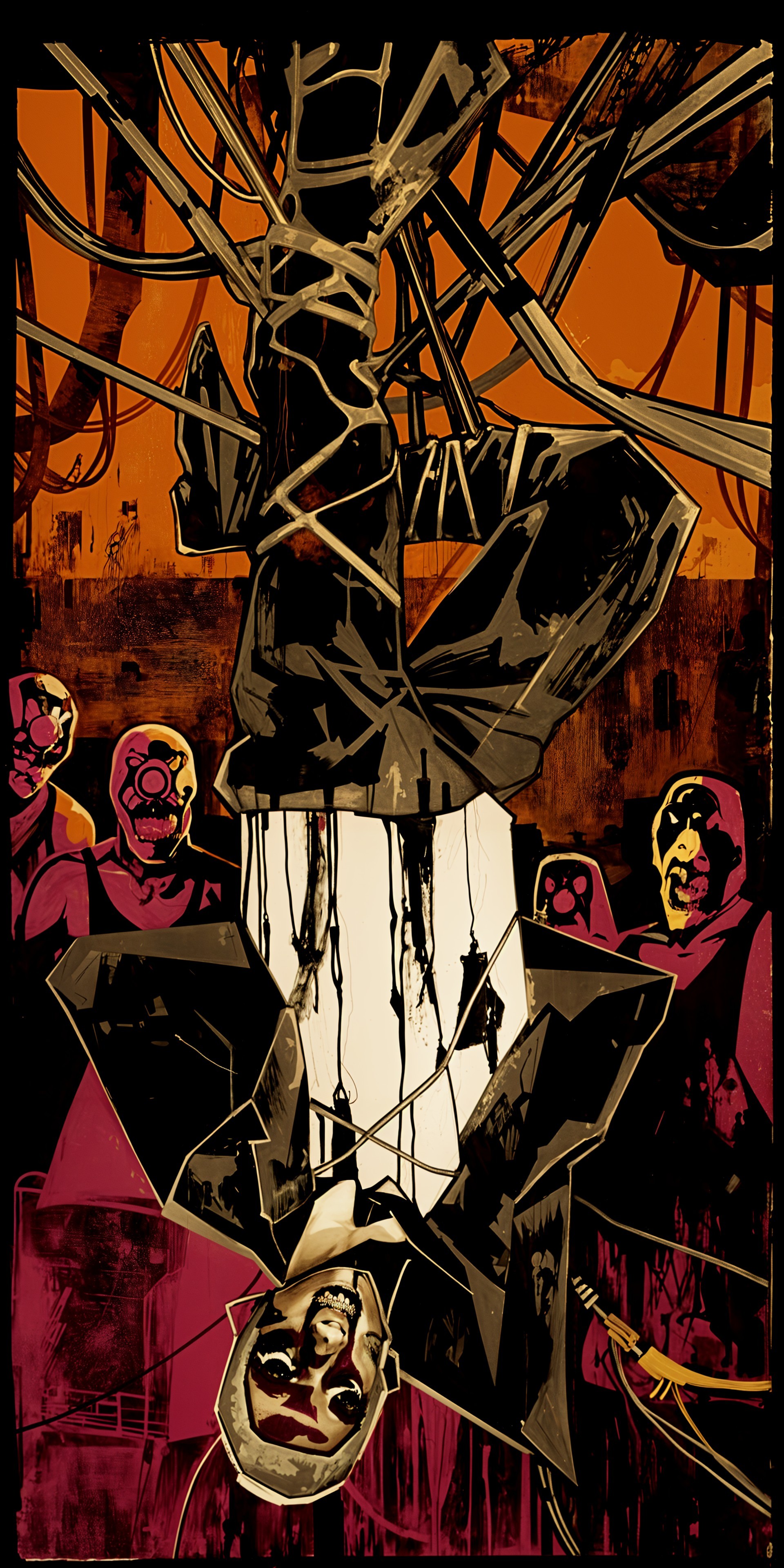 Dark Illustration of Upside-Down Figure with Shadows