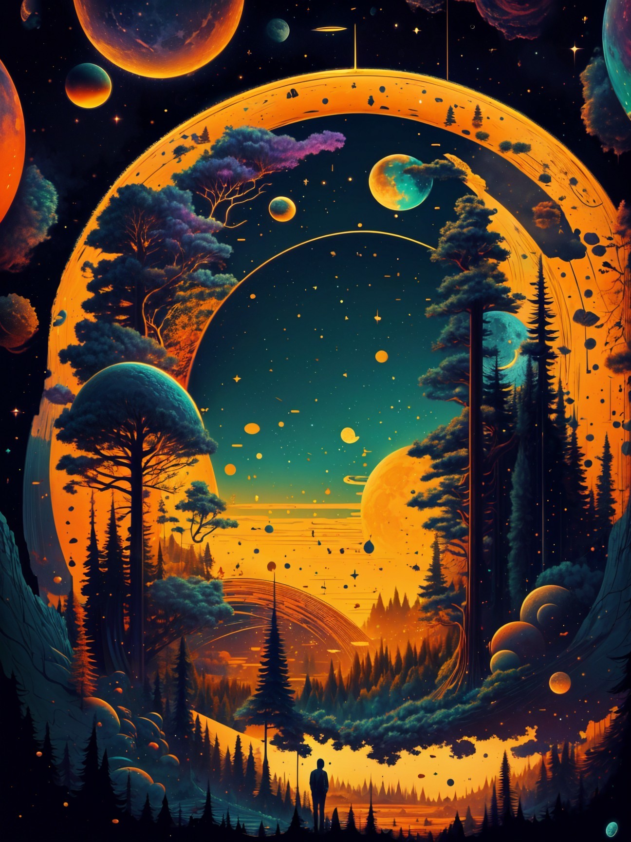 Surreal Landscape with Cosmic Portal and Forest Scene
