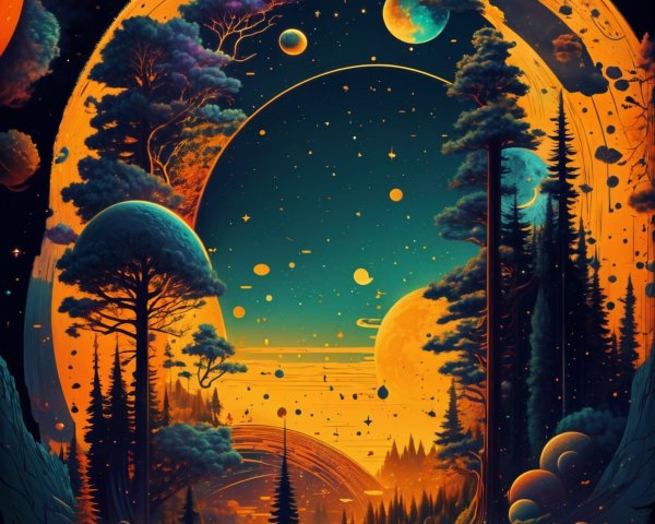 Surreal Landscape with Cosmic Portal and Forest Scene