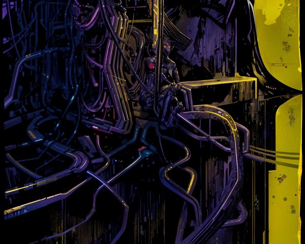 Cyberpunk Scene with Glowing Eyes and Colorful Cables
