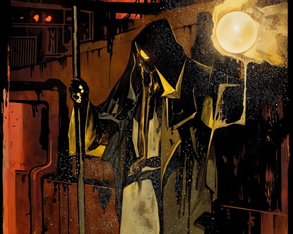 Cloaked Figure with Glowing Orb in Dark Setting