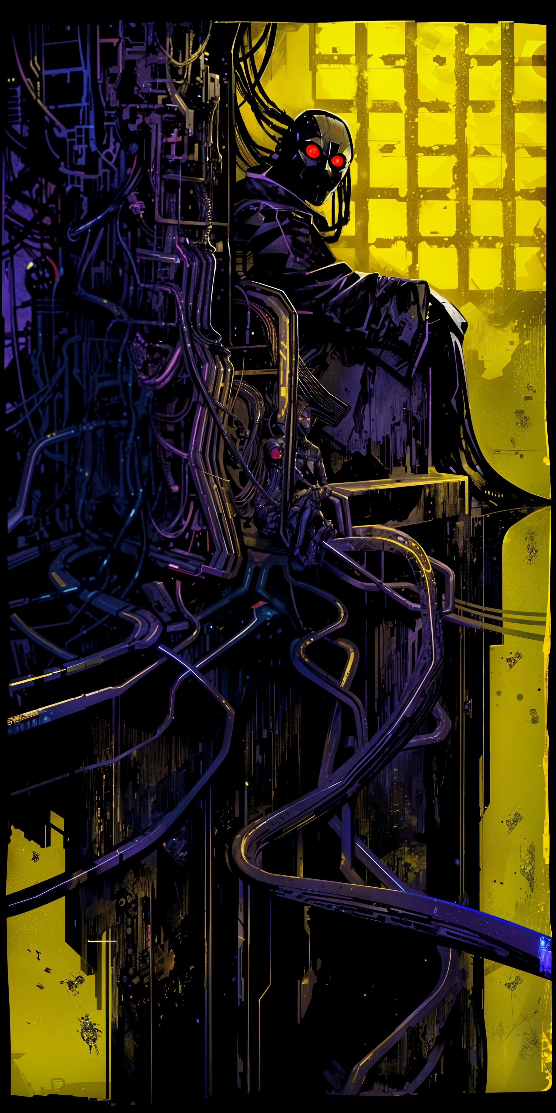 Cyberpunk Scene with Glowing Eyes and Colorful Cables