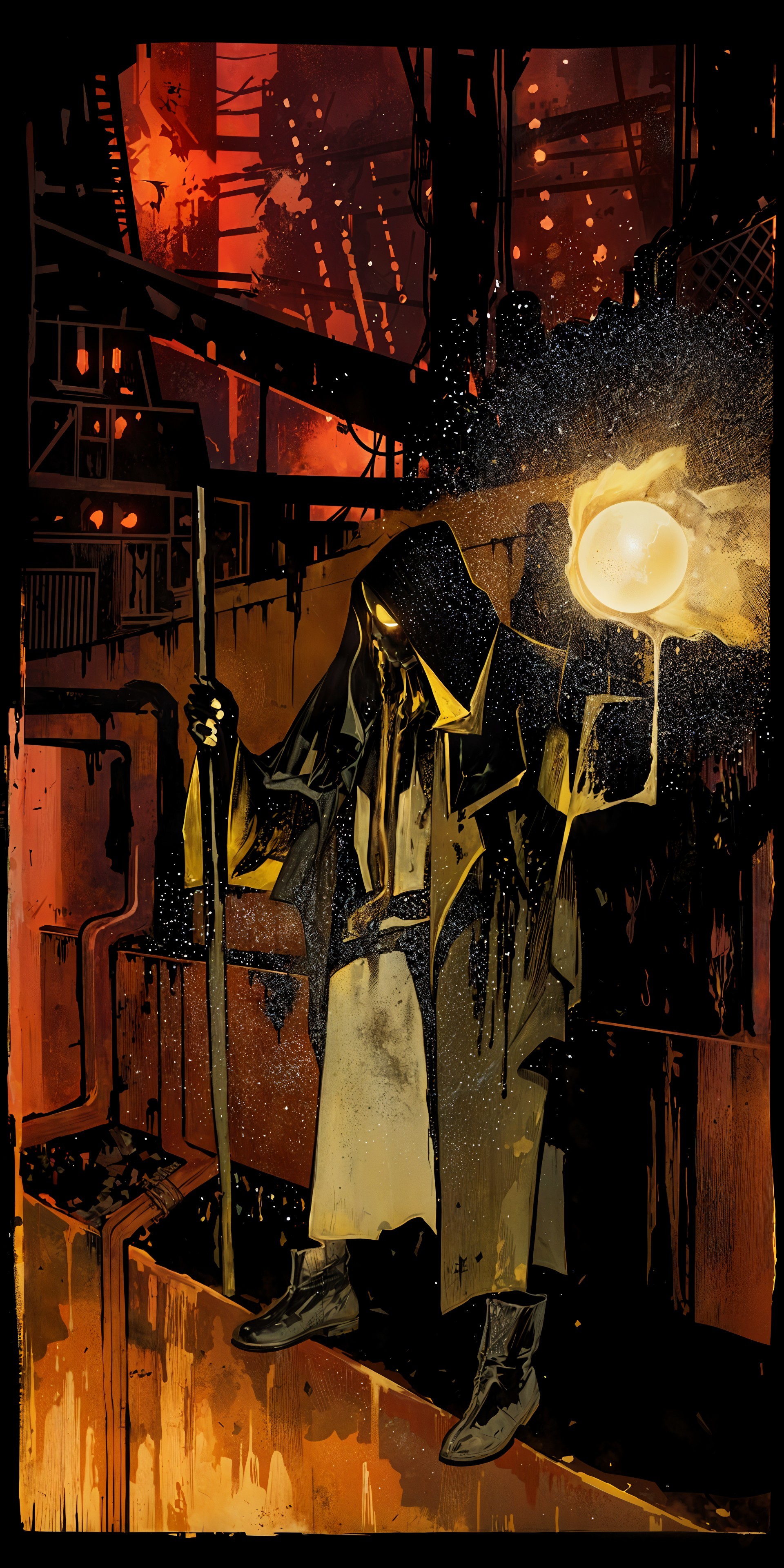 Cloaked Figure with Glowing Orb in Dark Setting