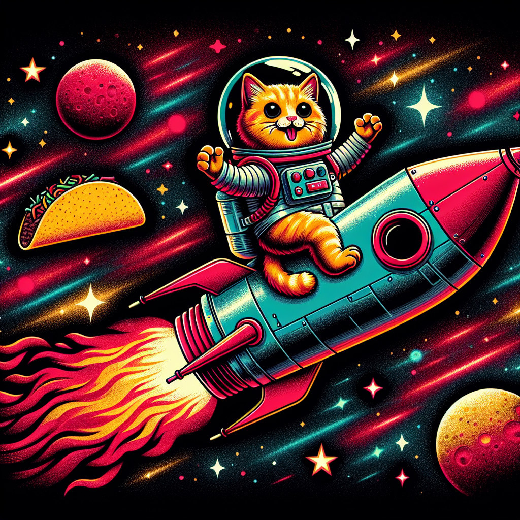 Cartoon Cat in Space Suit on Retro Rocket Adventure