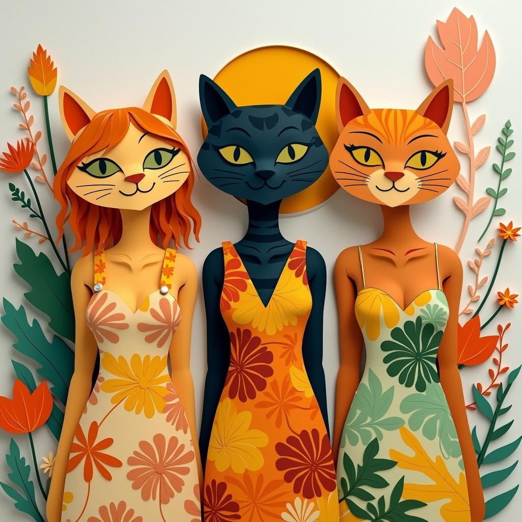 Anthropomorphic cats in autumn floral dresses