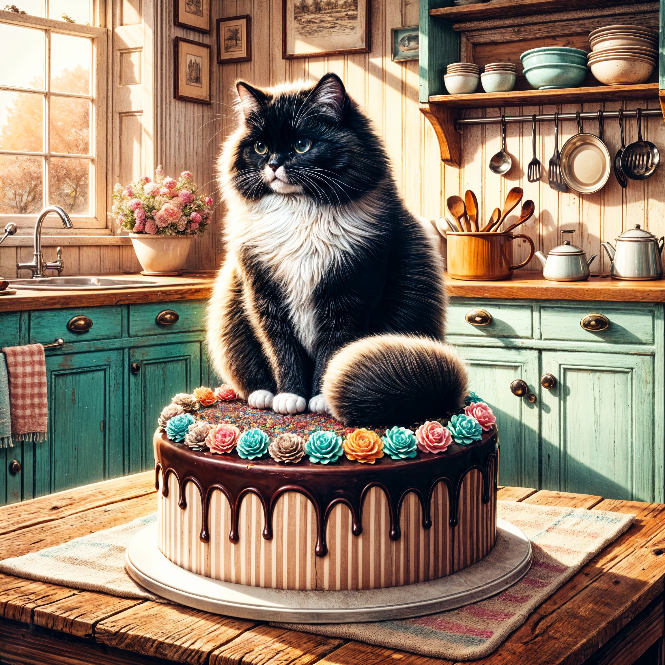 Cozy Kitchen Scene with Cat and Decorated Cake