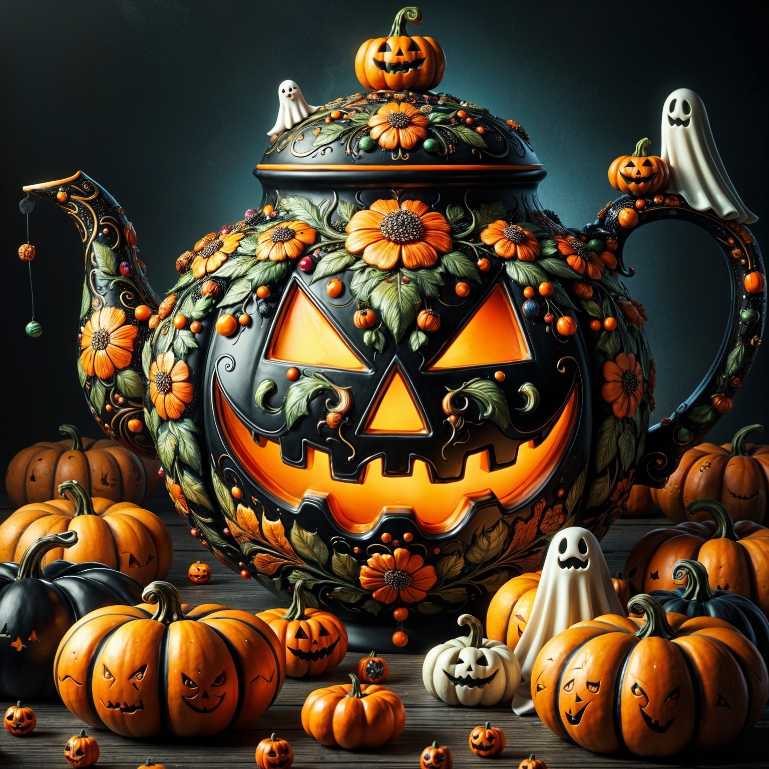 Whimsical Halloween Teapot with Pumpkins and Ghosts