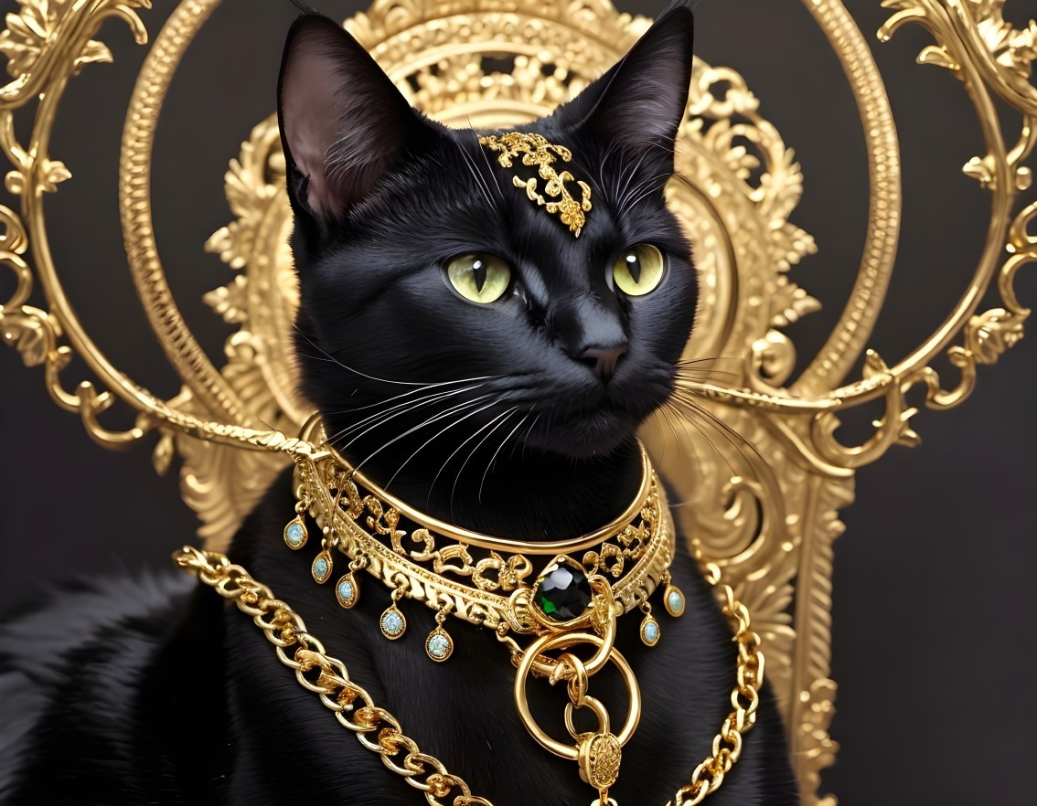 Black cat with golden jewelry and ornate backdrop