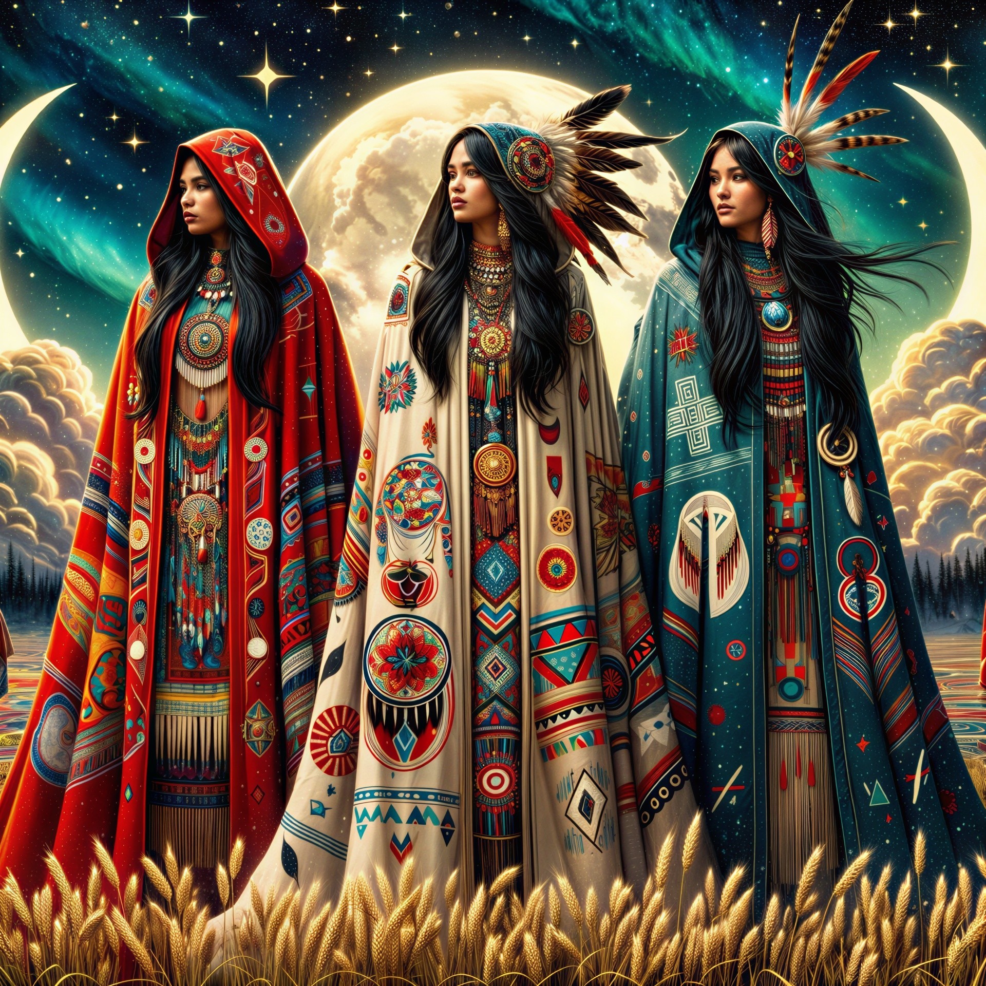 Women in Colorful Cloaks Against Moonlit Backdrop