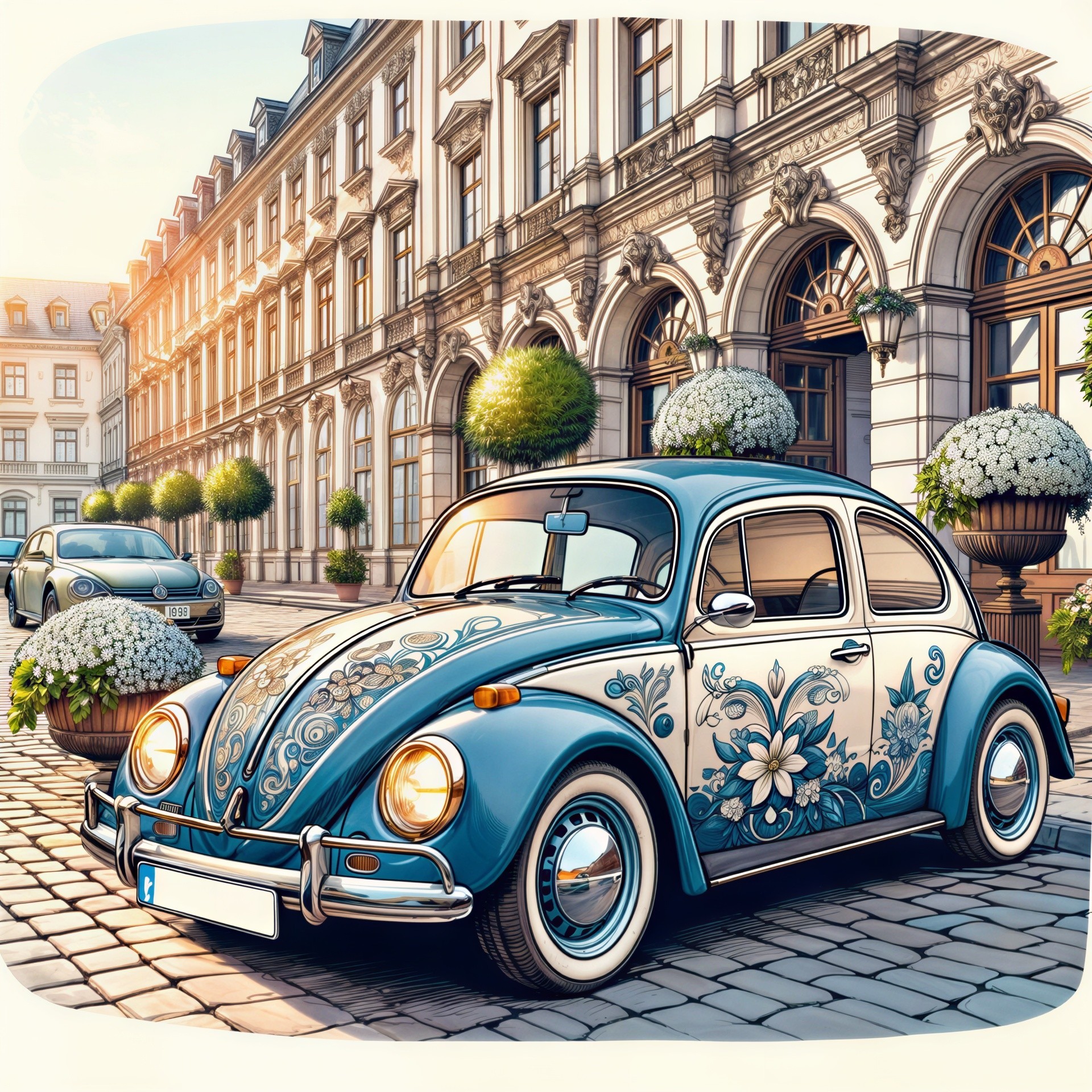 Vintage Car with Floral Patterns on Cobblestone Street
