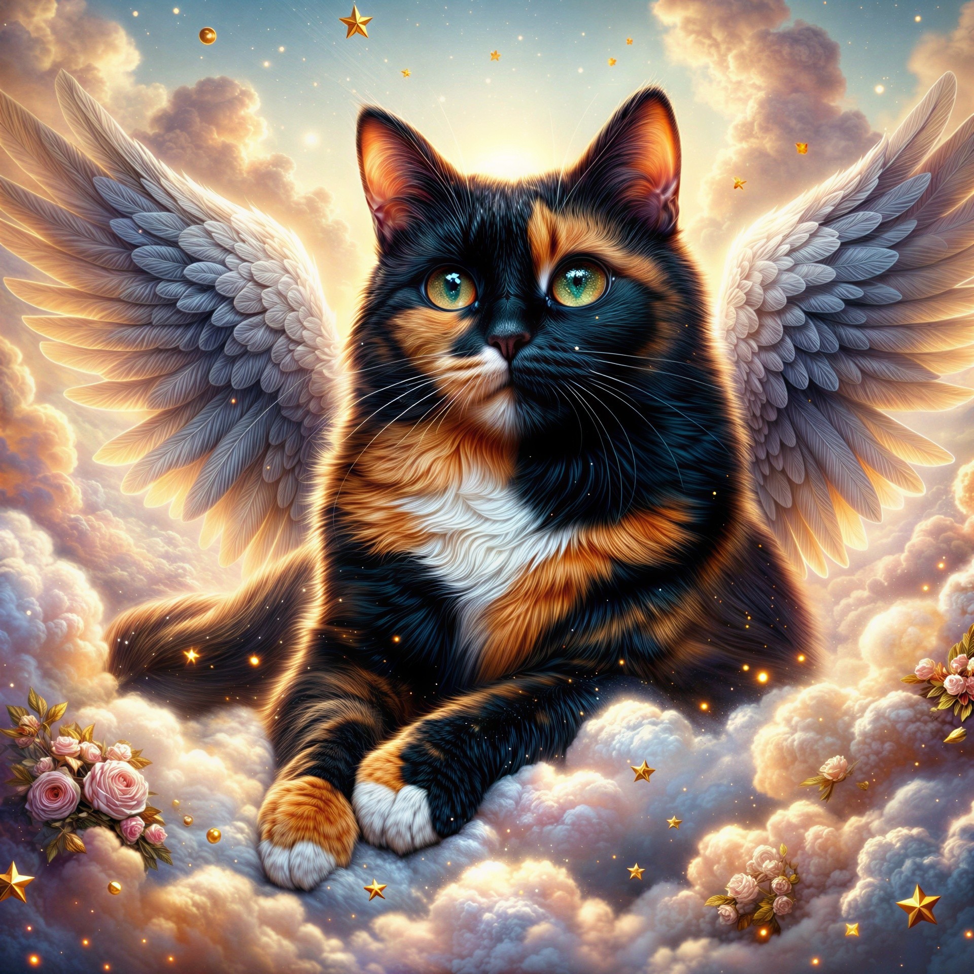 Photorealistic Calico Angel Cat on Golden Cloud Scene