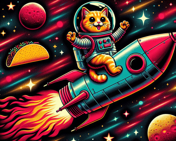 Cartoon Cat in Space Suit on Retro Rocket Adventure